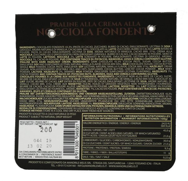 Mandrile Melis Nocciola Fondente Italian Dark Chocolate Praline back