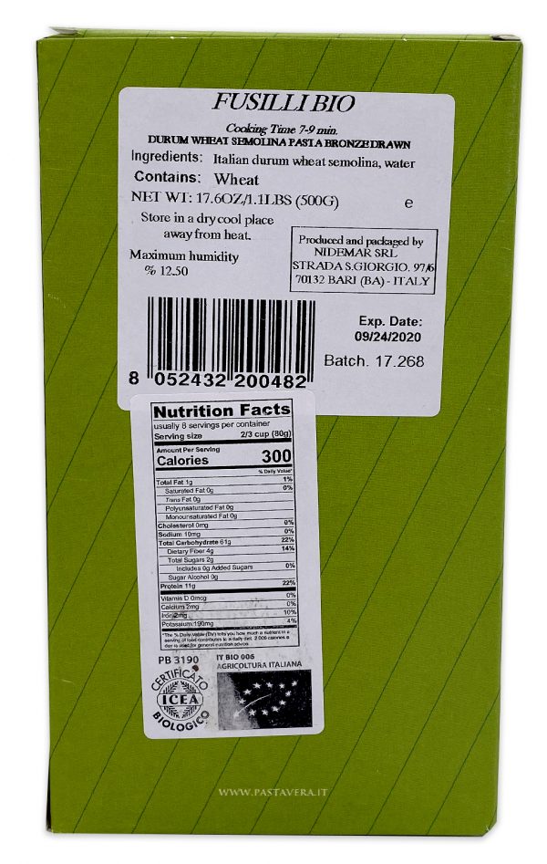 Pasta Vera Organic Fusilli Nutrition