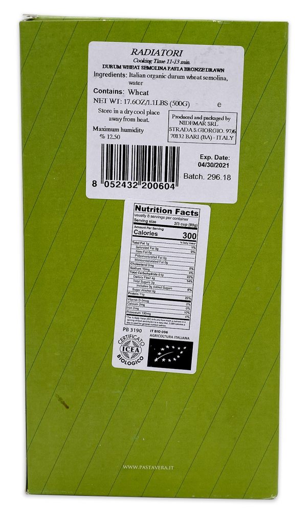 Pasta Vera Organic Radiatori Nutrition