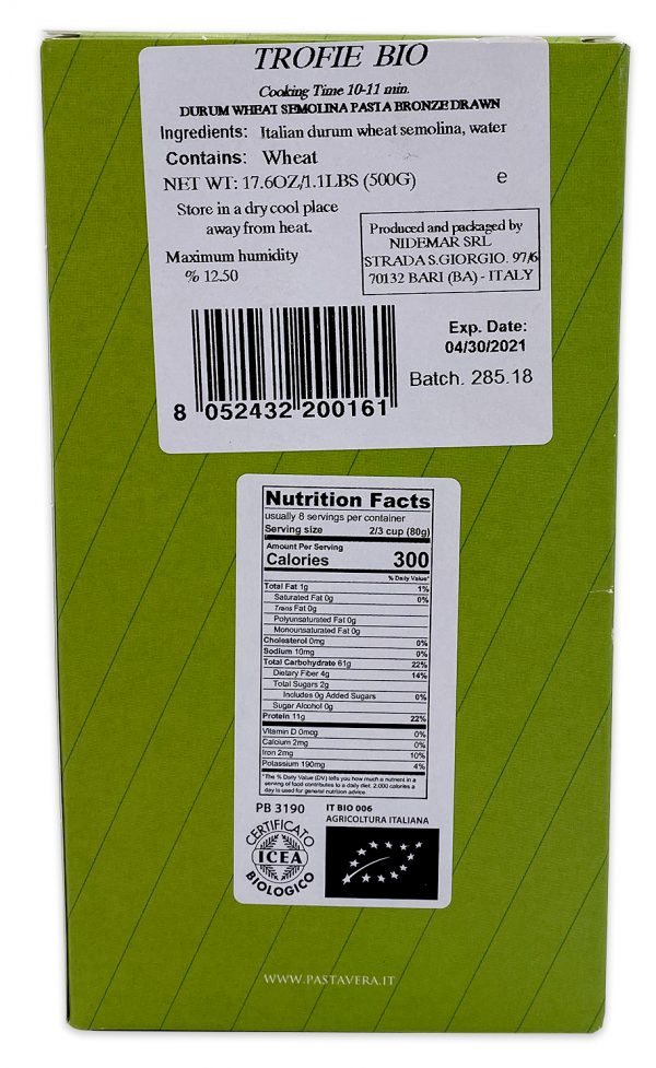 Pasta Vera Organic Trofie Nutrition