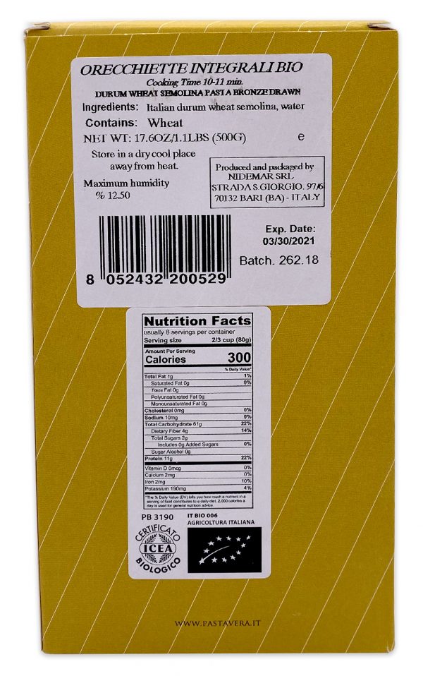 Pasta Vera Whole Wheat Organic Orecchiette Nutrition