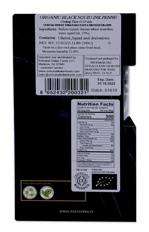 Pasta Vera Italian Organic Squid Ink Penne Rigate 02